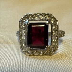 Elegant Silver and Red Garnet and CZ Ring Size 8
